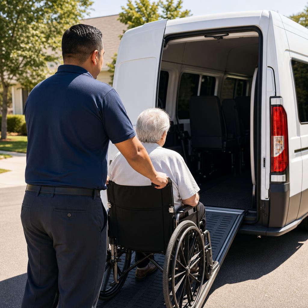 Grace Medical Transport caregiver assisting a passenger up a wheelchair ramp into a van