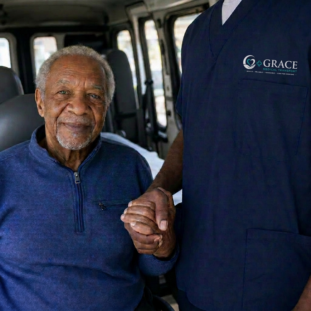 Caring hands holding an elderly patient's hand inside a medical transport van
