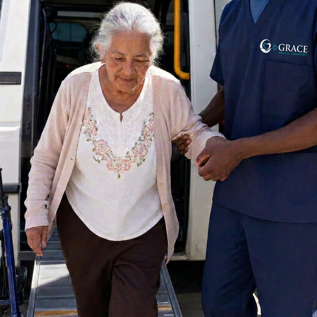 Grace Medical Transport team member helping a passenger up the van ramp