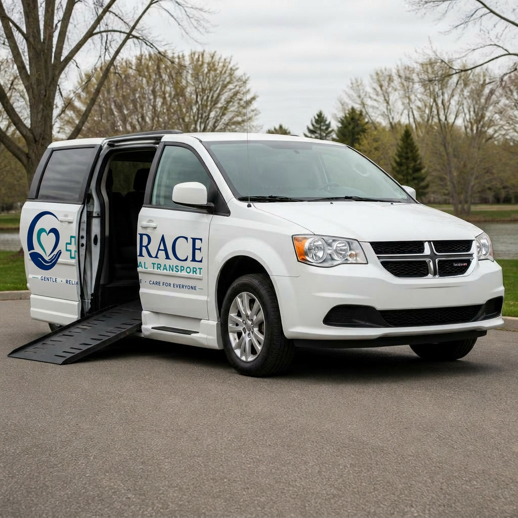 White Grace Medical Transport wheelchair-accessible van with side door open and ramp deployed